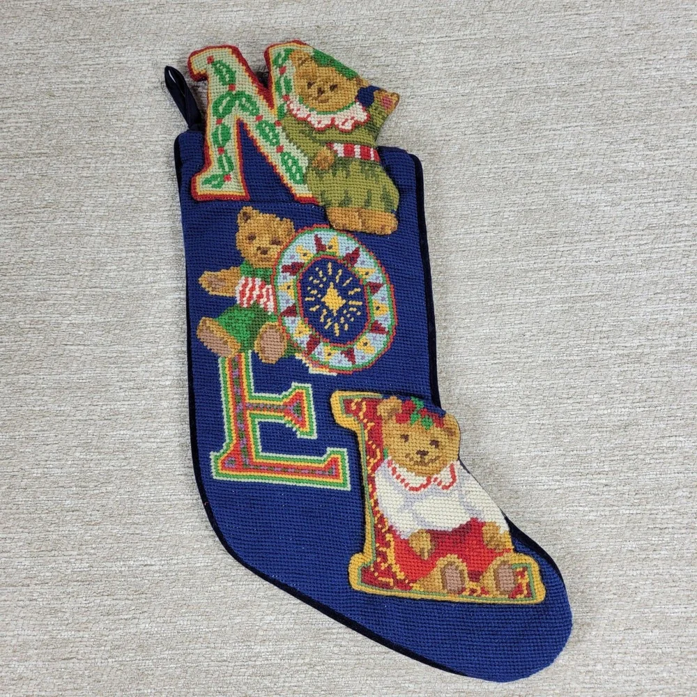 NOEL Needlepoint Christmas Stocking Velvet Wool Teddy Bear Embroidered Vintage